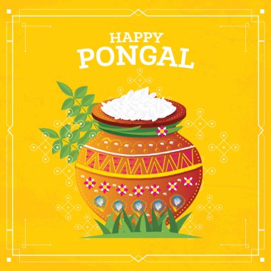 Mutlu Pongal Tamil Nadu Güney Hindistan'ın hasat festivali. Vektör çizim. Pot gıda ile.