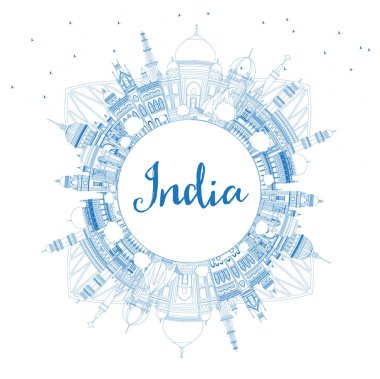 Anahat Hindistan şehir manzarası ile mavi binalar ve kopya alanı. Delhi. Hyderabad. Kolkata. Vektör çizim. Seyahat ve Turizm kavramı tarihi mimarisi ile. Hindistan Cityscape yerler ile.