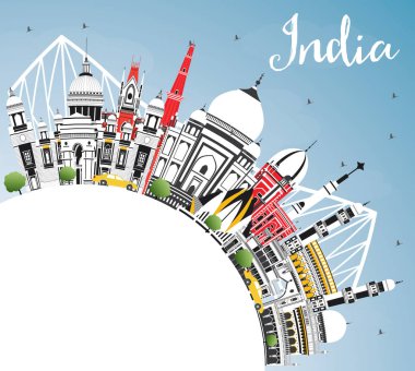 Renk binalar, mavi gökyüzü ve kopya alanı Türkiye şehir manzarası. Delhi. Hyderabad. Kolkata. Vektör çizim. Seyahat ve Turizm kavramı tarihi mimarisi ile. Hindistan Cityscape yerler ile.