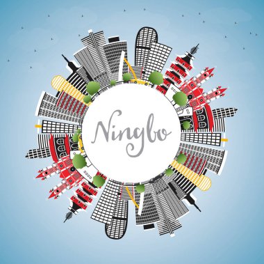 Ningbo Çin şehir manzarası renkli binalar, mavi gökyüzü ve kopya alanı. Vektör çizim. İş seyahat ve Turizm kavramı tarihi mimarisi ile. Ningbo Cityscape yerler ile. 