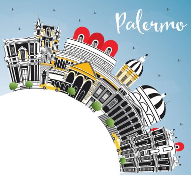 Palermo İtalya şehir manzarası renkli binalar, mavi gökyüzü ve kopya alanı. Vektör çizim. İş seyahat ve Turizm kavramı tarihi mimarisi ile. Palermo Sicilya Cityscape yerler ile.