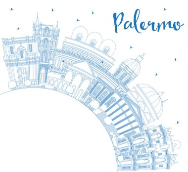 Anahat Palermo İtalya şehir manzarası ile mavi binalar ve kopya alanı. Vektör çizim. İş seyahat ve Turizm kavramı tarihi mimarisi ile. Palermo Sicilya Cityscape yerler ile.