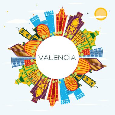 Valencia İspanya şehir manzarası renkli binalar, mavi gökyüzü ve kopya alanı. Vektör çizim. İş seyahat ve Turizm kavramı tarihi mimarisi ile. Valencia Cityscape yerler ile.