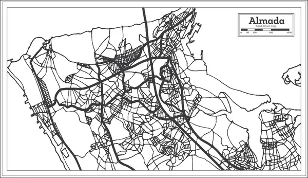Χάρτης Πόλη Πορτογαλία Almada Στυλ Ρετρό Περίγραμμα Του Χάρτη Εικονογράφηση — Διανυσματικό Αρχείο