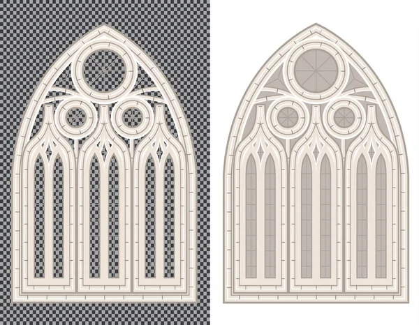 Gotické Středověké Kamenné Okno Bílým Průhledným Pozadím Vektorové Ilustrace — Stockový vektor