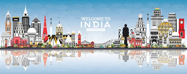 欢迎来到印度城市天际线与色彩建筑 蓝天和反思 班加罗尔 海得拉巴 加尔各答 帕特纳 维沙卡帕特南 矢量插图 — 图库矢量图片