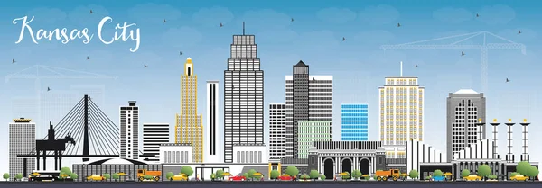 Kansas City Missouri Skyline Mit Farbigen Gebäuden Und Blauem Himmel — Stockvektor