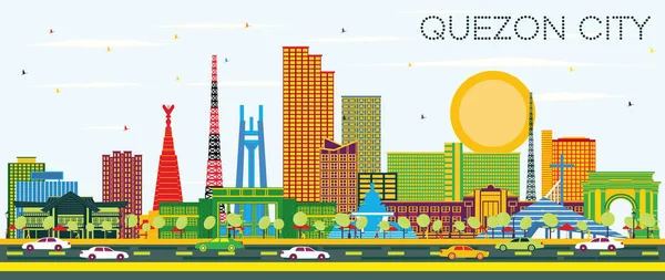 Quezon City Philippinische Stadtsilhouette Mit Farbigen Gebäuden Und Blauem Himmel — Stockvektor