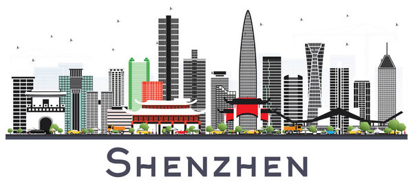 Shenzhen China City Skyline with Color Buildings Isolated on White. Vector Illustration. Business Travel and Tourism Concept with Modern Architecture. Shenzhen Cityscape with Landmarks.