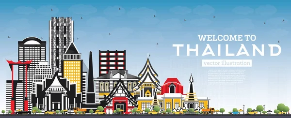 Üdvözöljük Thaiföld City Skyline Színes Épületek Kék Vektoros Illusztráció Turisztikai — Stock Vector