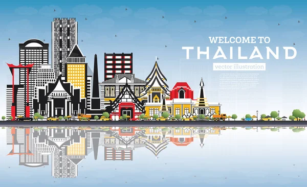 Welkom Bij Skyline Van Stad Van Thailand Met Kleur Gebouwen — Stockvector