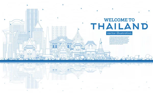 Esboço Bem Vindo Tailândia City Skyline Com Edifícios Azuis Reflexões — Vetor de Stock