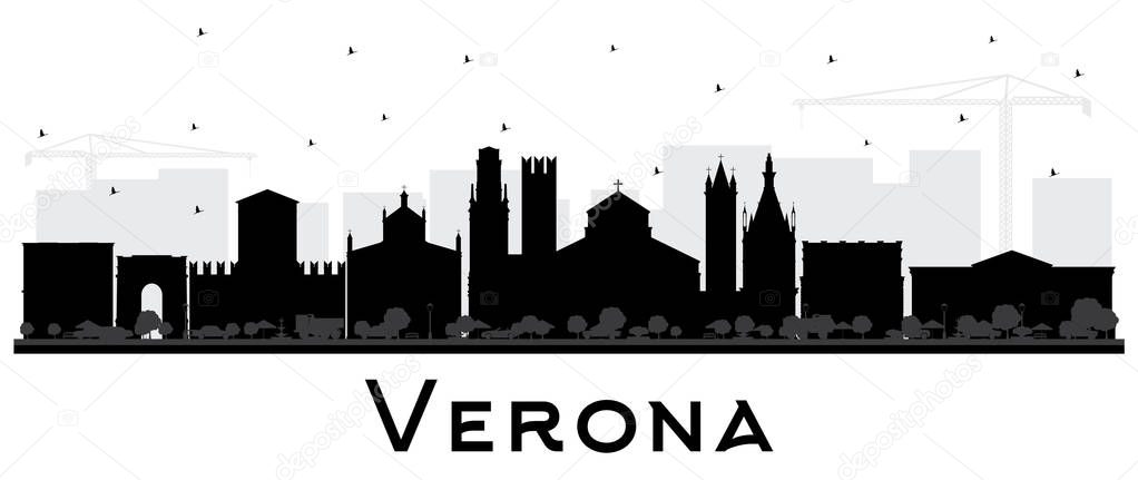 Verona Italy City Skyline Silhouette with Black Buildings Isolated on White. Vector Illustration. Business Travel and Tourism Concept with Historic Architecture. Verona Cityscape with Landmarks.