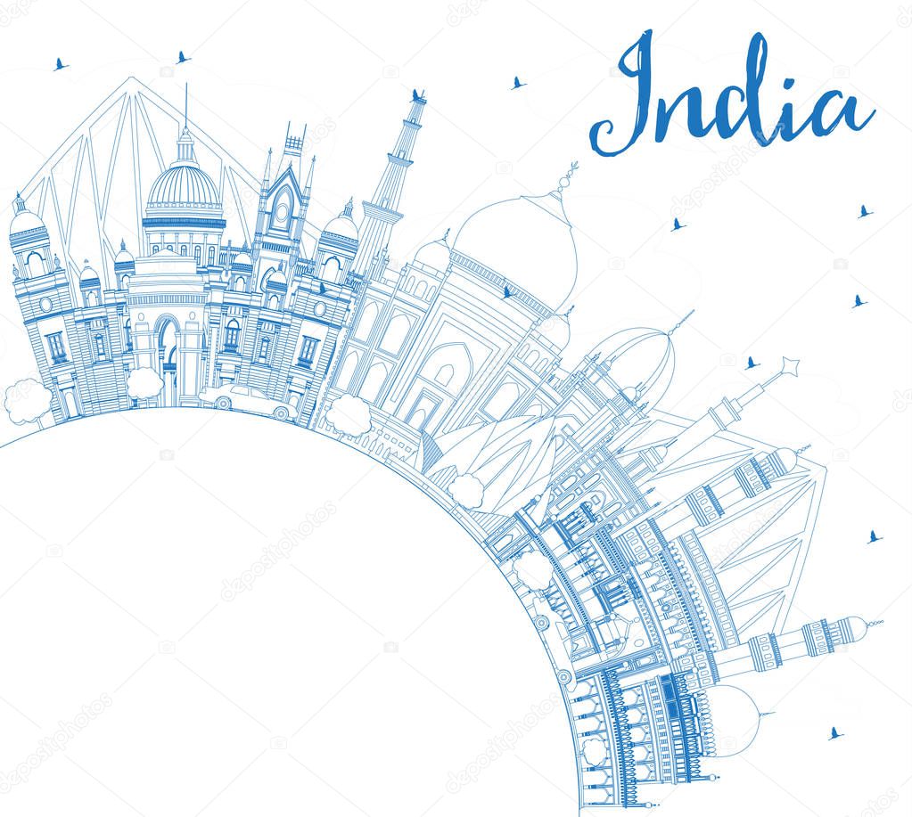 Outline India City Skyline with Blue Buildings and Copy Space. Delhi. Hyderabad. Kolkata. Vector Illustration. Travel and Tourism Concept with Historic Architecture. India Cityscape with Landmarks.