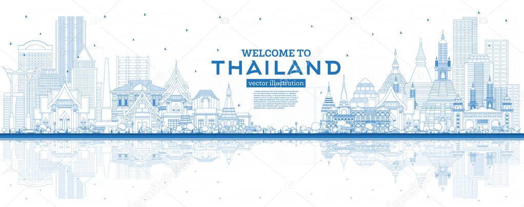Outline Welcome to Thailand City Skyline with Blue Buildings and Reflections. Vector Illustration. Tourism Concept with Historic Architecture. Thailand Cityscape with Landmarks.