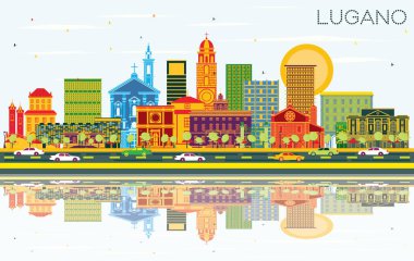Lugano Switzerland Skyline with Color Buildings, Blue Sky and Reflections. Vector Illustration. Business Travel and Tourism Illustration with Historic Architecture. Lugano Cityscape with Landmarks. clipart