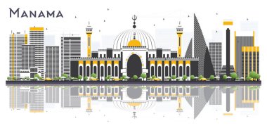 Manama Bahreyn şehir manzarası ile gri binalar ve beyaz arka plan üzerinde izole yansımaları. Vektör çizim. Modern binalar ile turizm kavramı. Manama Cityscape yerler ile.