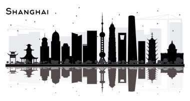 Şanghay Çin şehir manzarası siluet siyah binalar ve üzerinde beyaz izole yansımaları. Vektör çizim. Tarihi mimarisi ile turizm kavramı. Shanghai Cityscape yerler ile.