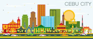 Cebu City, Filipinler manzarası renkli binalar ve mavi gökyüzü. Vektör çizim. İş seyahat ve Turizm kavramı Modern mimariye sahip. Cebu City Cityscape yerler ile.
