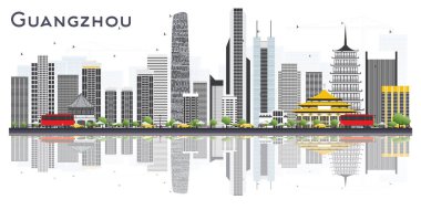 Guangzhou Çin şehir manzarası ile gri binalar ve beyaz arka plan üzerinde izole yansımaları. Vektör çizim. Modern binalar ile turizm kavramı. Guangzhou Cityscape yerler ile.