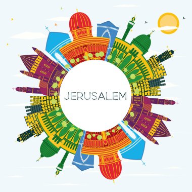 Jerusalem İsrail manzarası renkli binalar, mavi gökyüzü ve kopya alanı. Vektör çizim. İş seyahat ve Turizm kavramı tarihi mimarisi ile. Jerusalem Cityscape yerler ile. 