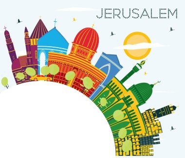 Jerusalem İsrail manzarası renkli binalar, mavi gökyüzü ve kopya alanı. Vektör çizim. İş seyahat ve Turizm kavramı tarihi mimarisi ile. Jerusalem Cityscape yerler ile. 
