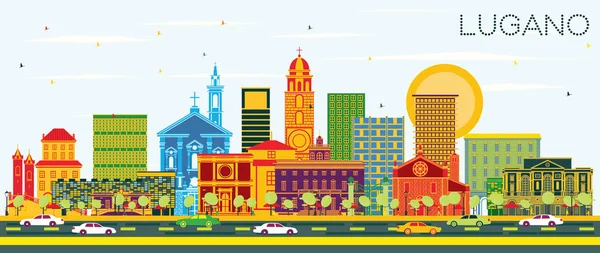 卢加诺瑞士天际线与色彩建筑和蓝天 矢量插图 具有历史建筑的商务旅行和旅游插图 卢加诺城市景观与地标 — 图库矢量图片
