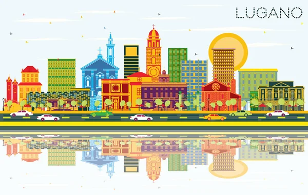 Lugano Svájc Skyline Színes Épületek Kék Gondolatok Vektoros Illusztráció Üzleti — Stock Vector