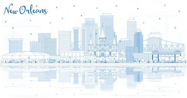 概述新奥尔良路易斯安那州城市天际线与蓝色建筑和反思 矢量插图 现代建筑的旅游理念 新奥尔良奥萨城市景观与地标 — 图库矢量图片