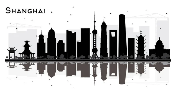 Shanghai China City Skyline Silhouette Con Edificios Negros Reflexiones Aisladas — Vector de stock