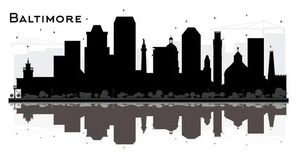 Baltimore Maryland City Skyline Silhouette Con Black Buildings Reflections Isolated — Vettoriale Stock