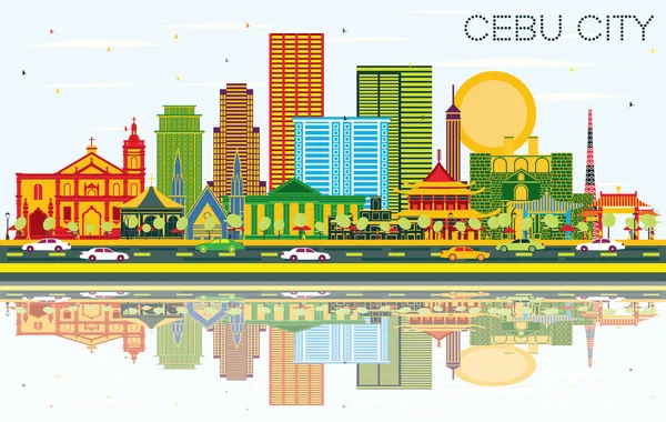 Cebu City, Filipinler manzarası renkli binalar, mavi gökyüzü ve yansımaları ile. Vektör çizim. İş seyahat ve Turizm kavramı Modern mimariye sahip. Cebu City Cityscape yerler ile.