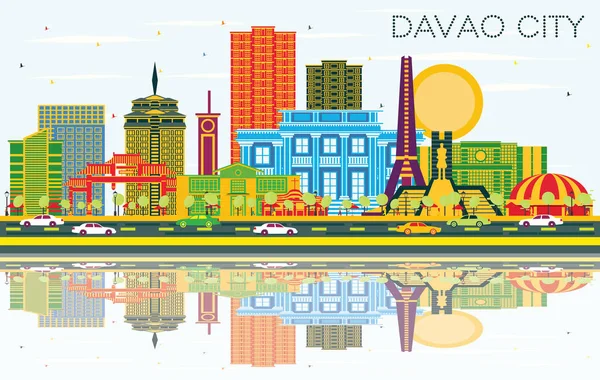 Davao City Philippines Skyline Color Buildings Blue Sky Reflections Vector — Stock Vector