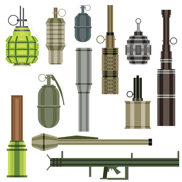 Grenade Set. Military Weapon. Grenade Launcher Isolated on White Background. Vector Illustration.