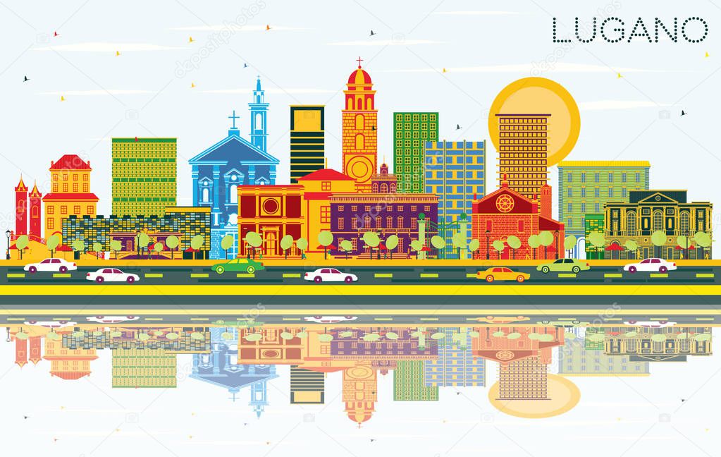 Lugano Switzerland Skyline with Color Buildings, Blue Sky and Reflections. Vector Illustration. Business Travel and Tourism Illustration with Historic Architecture. Lugano Cityscape with Landmarks.
