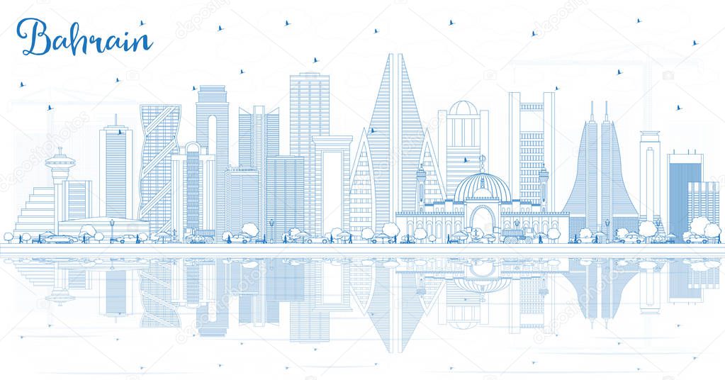 Outline Bahrain City Skyline with Blue Buildings and Reflections. Vector Illustration. Business Travel and Tourism Concept with Modern Architecture. Bahrain Cityscape with Landmarks.