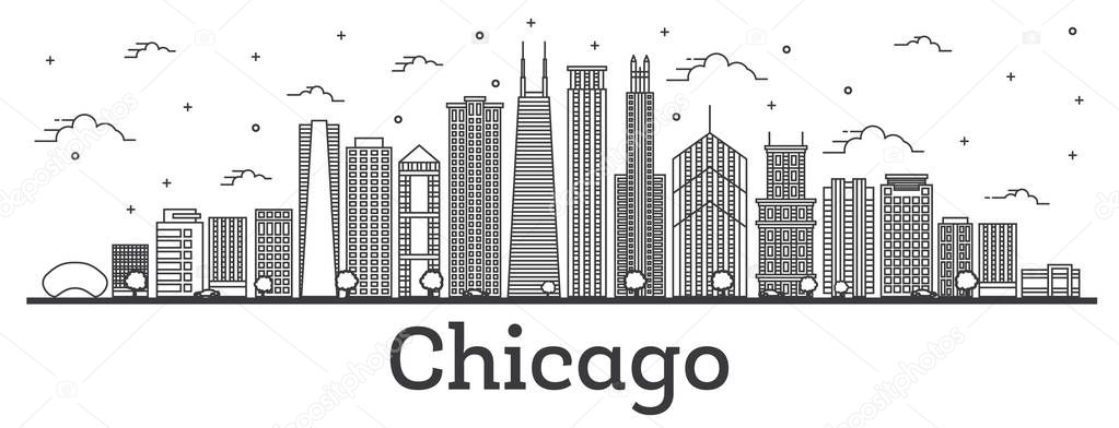 Outline Chicago Illinois City Skyline with Modern Buildings Isolated on White. Vector Illustration. Chicago Cityscape with Landmarks. 