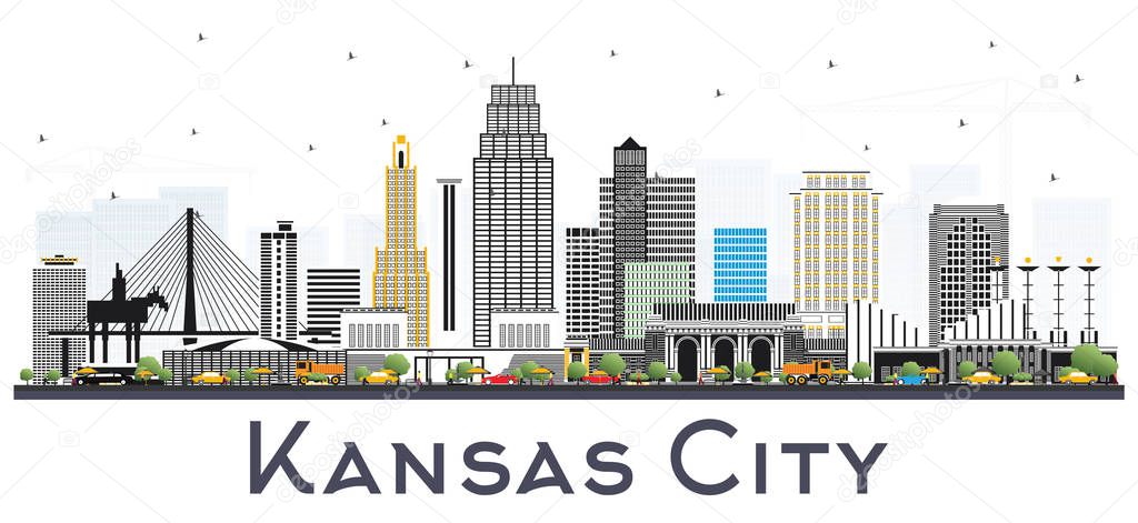 Kansas City Missouri Skyline with Color Buildings Isolated on White. Vector Illustration. Business Travel and Tourism Concept with Modern Architecture. Kansas City Cityscape with Landmarks.