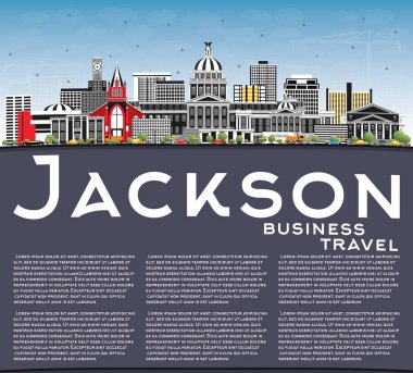 Jackson Mississippi şehir manzarası ile gri binalar, mavi gökyüzü ve kopya alanı. Vektör çizim. Seyahat ve Turizm kavramı tarihi mimarisi ile. Jackson Usa Cityscape yerler ile.
