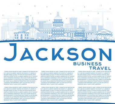 Anahat Jackson Mississippi şehir manzarası ile mavi binalar ve kopya alanı. Vektör çizim. Tarihi mimarisi ile turizm kavramı. Jackson Usa Cityscape yerler ile.