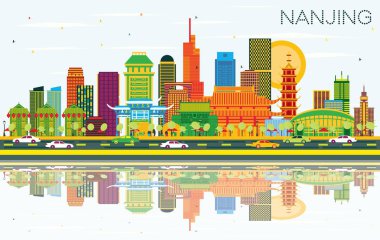 Nanjing Çin şehir manzarası ile renk binalar, mavi gökyüzü ve yansımaları. Vektör çizim. İş seyahat ve Turizm illüstrasyon Modern mimariye sahip. Nanjing Cityscape yerler ile.