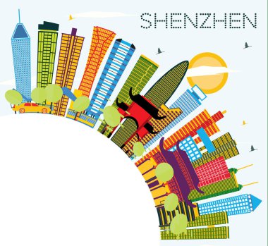 Shenzhen Çin şehir manzarası renkli binalar, mavi gökyüzü ve kopya alanı. Vektör çizim. İş seyahat ve Turizm kavramı Modern mimariye sahip. Shenzhen Cityscape yerler ile.