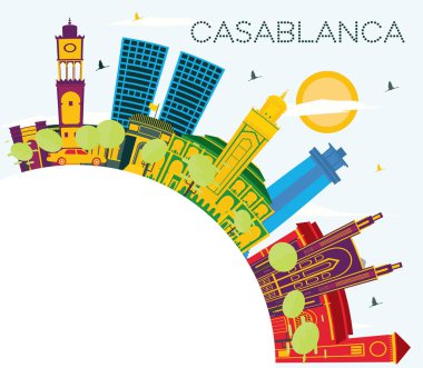 Casablanca Morocco şehir manzarası renkli binalar, mavi gökyüzü ve kopya alanı. Vektör çizim. Tarihi mimarisi ile turizm kavramı. Casablanca Cityscape yerler ile. 
