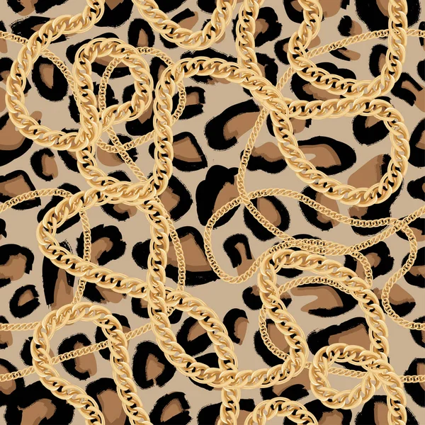 Leopard Naadloos Patroon Met Gouden Ketting Vectorillustratie Dierlijke Print — Stockvector