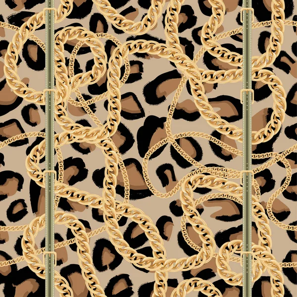 金色のチェーンとベルト バックル付きヒョウ シームレス パターン ベクトルの図 アニマル プリント — ストックベクタ