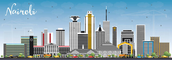 Nairobi Kenya City Skyline with Color Building and Blue Sky. Векторная иллюстрация. Деловые поездки и современная архитектура. Найроби с вехами
. 