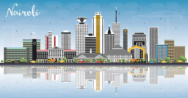 Renk binalar, mavi gökyüzü ve yansımaları ile Nairobi Kenya şehir manzarası. Vektör çizim. İş seyahat ve Modern mimari konseptiyle. Nairobi Cityscape yerler ile. 