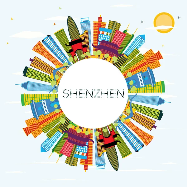 Shenzhen Čína Panorama Barevné Budovy Modrá Obloha Kopírovat Prostoru Vektorové — Stockový vektor