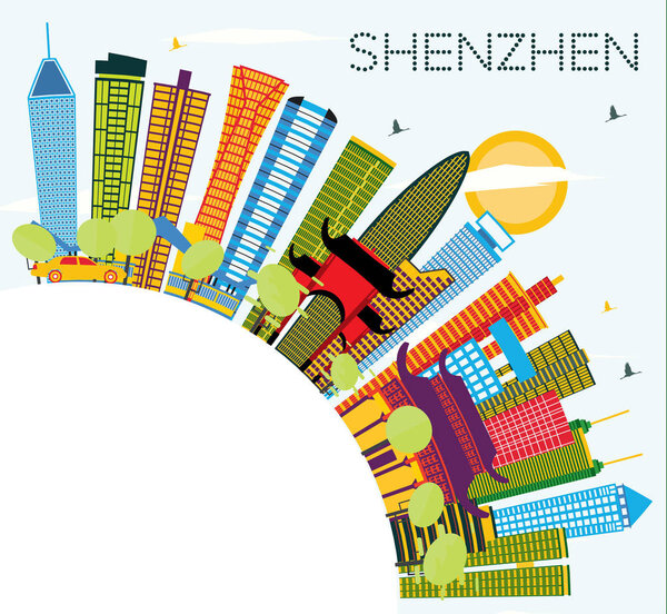 Shenzhen China City Skyline with Color Buildings, Blue Sky and Copy Space. Vector Illustration. Business Travel and Tourism Concept with Modern Architecture. Shenzhen Cityscape with Landmarks.