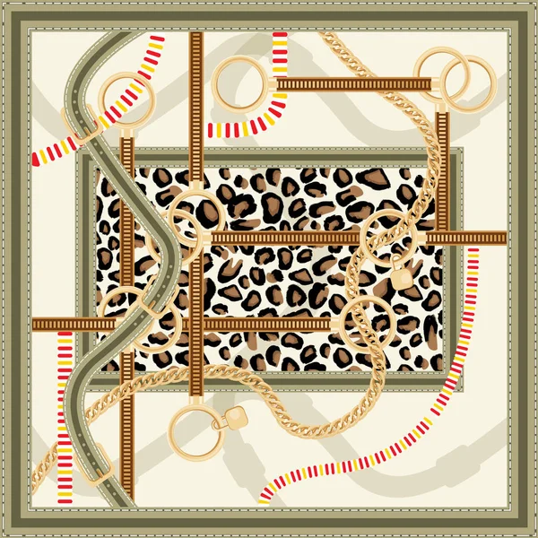 Pattern Golden Chain Belts Leopard Print Fabric Design Vector Illustration — Stock Vector